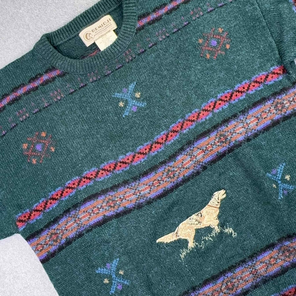 VTG Bemidji Woolen Mills Wool Crew Neck Sweater Men's L Aztec Hunting Dog AOP